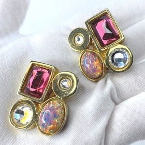 Vintage 1980’s Signed Robin Clip On Earrings Gold Tone w/ Pink, Clear Stones